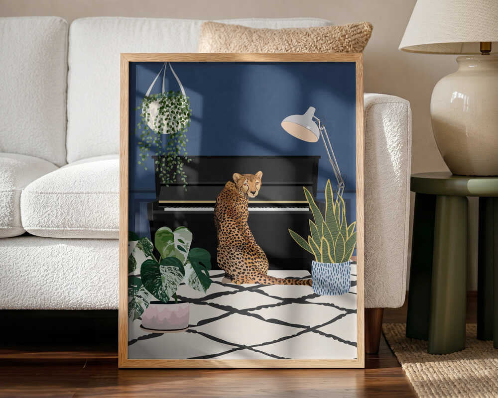 Cheetah By The Piano Art Print UK — Botanical Vibrant Wall Art — Living Room — Wall It All Prints