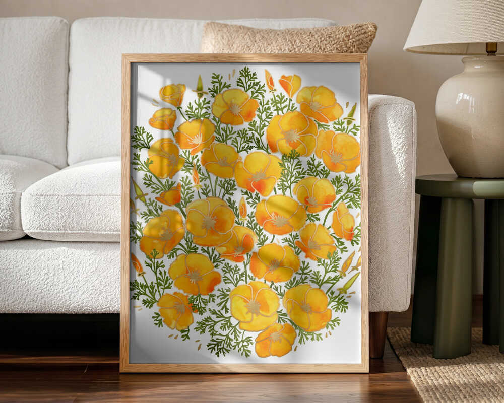 Golden Poppy Blooms Art Print UK — Botanical Vibrant Wall Art — Living Room — Wall It All Prints