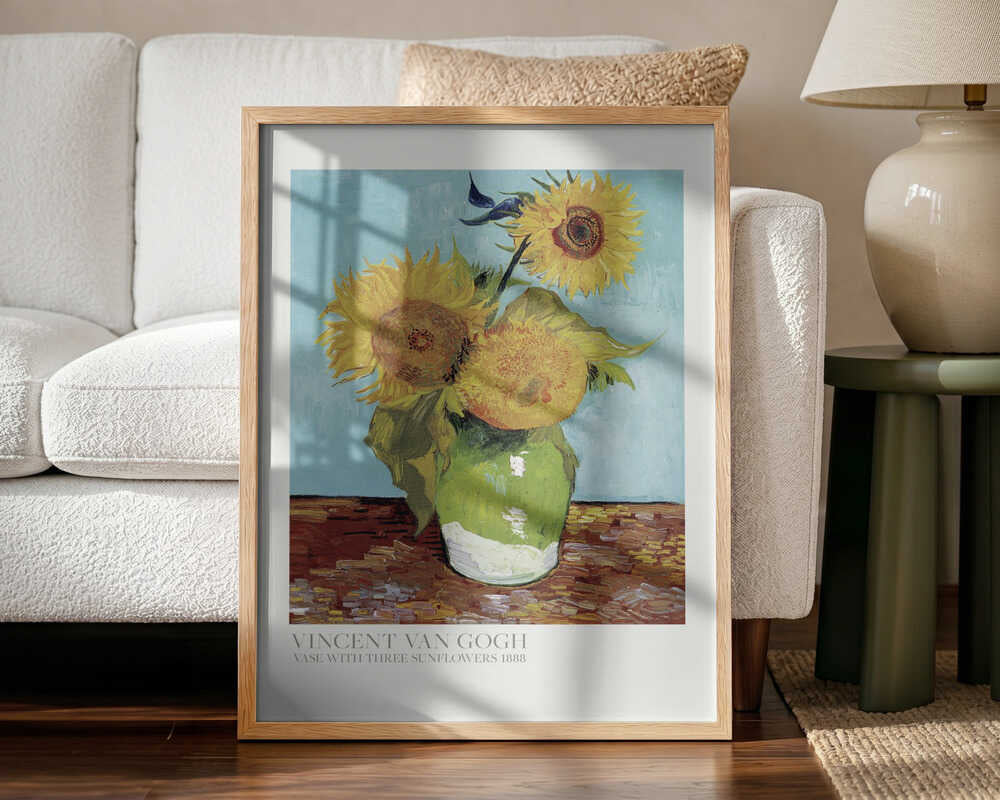 Vase With Three Sunflowers Art Print UK — Botanical Vibrant Wall Art — Living Room — Wall It All Prints