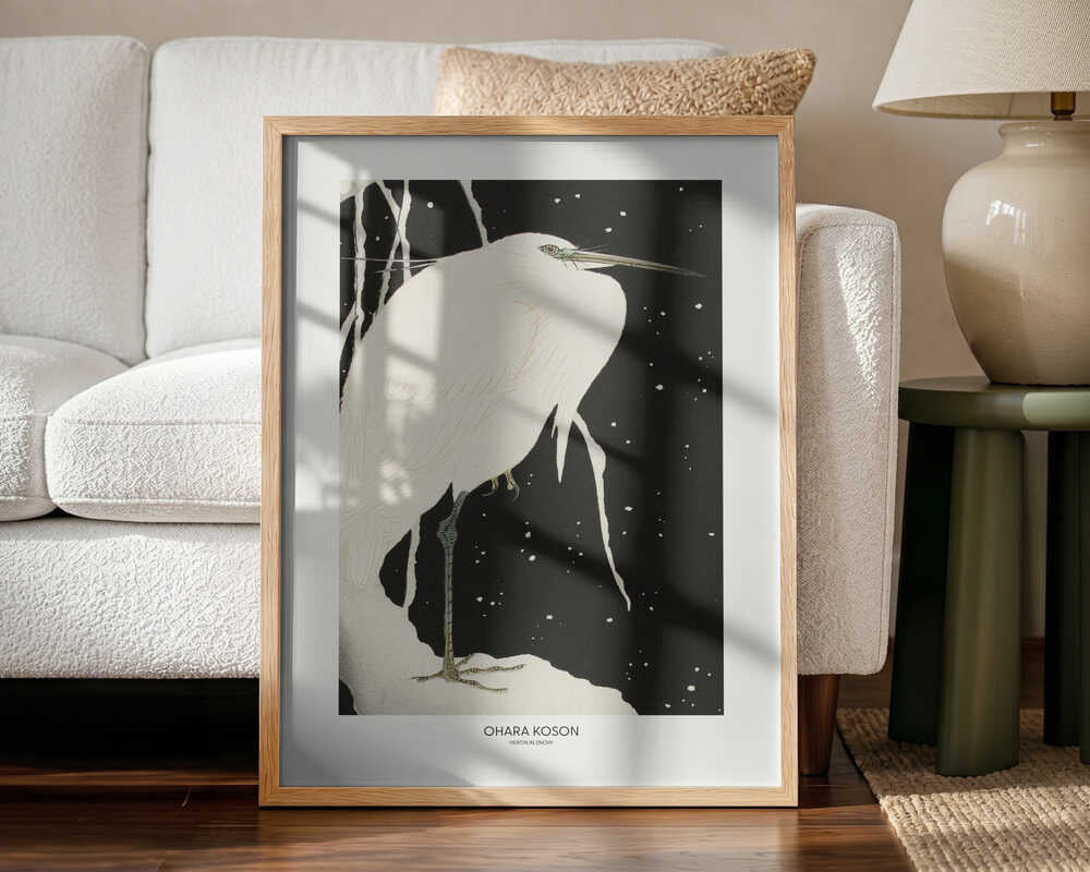 Heron In The Snow Art Print UK — Japanese Dark Wall Art — Living Room — Wall It All Prints