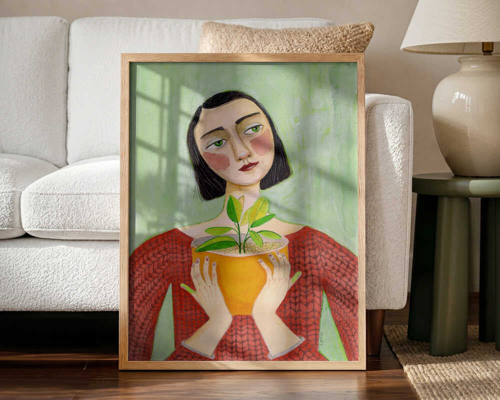 Woman Holding Green Plant Art Print UK — Botanical Vibrant Wall Art — Living Room — Wall It All Prints