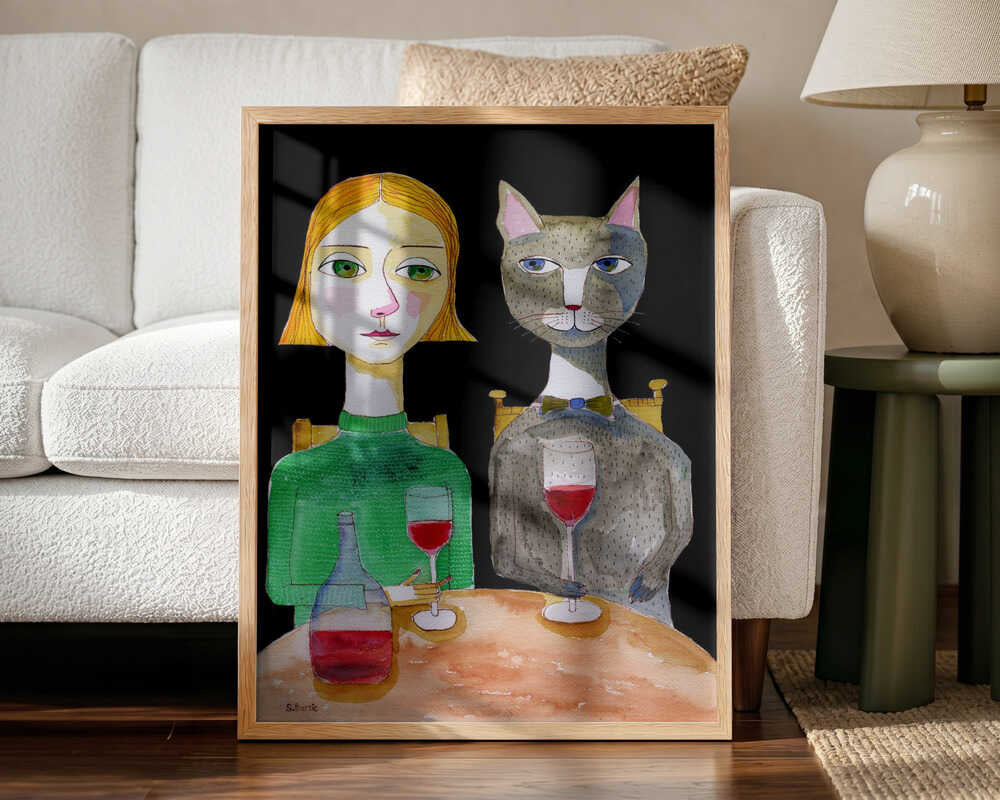 Dinner Date with Cat Art Print UK — Portrait Vibrant Wall Art — Kitchen — Wall It All Prints
