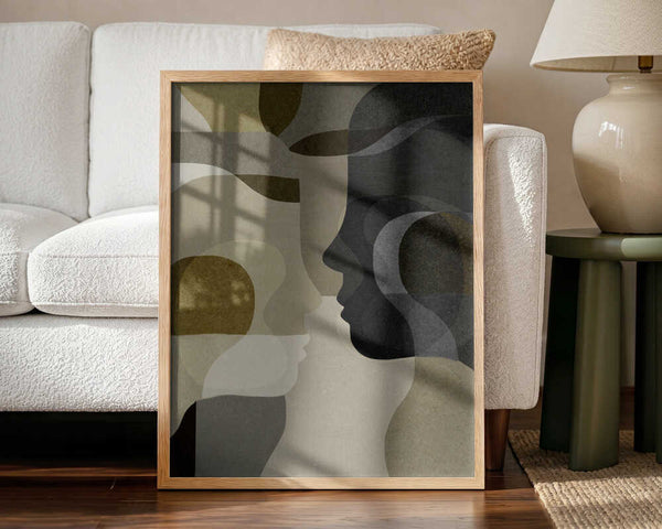 Emerging abstract portrait wall art print styled in a living room with a natural wood frame