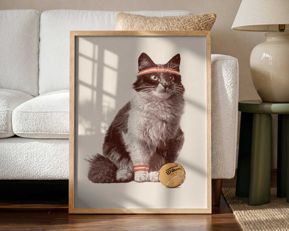 Retro Tennis Cat Art Print UK — Vintage Vibrant Wall Art — Living Room — Wall It All Prints