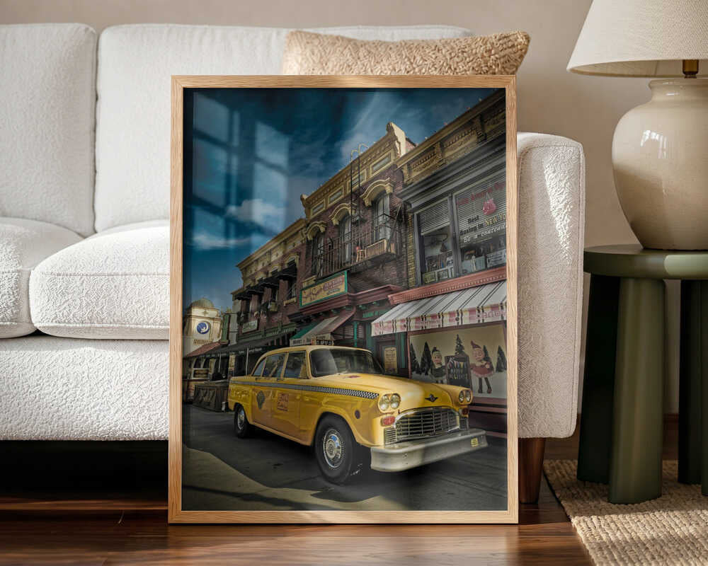 Vintage Yellow Cab Art Print UK — Dark Moody Vibrant Wall Art — Living Room — Wall It All Prints