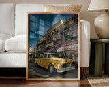 Vintage Yellow Cab Art Print UK — Dark Moody Vibrant Wall Art — Living Room — Wall It All Prints