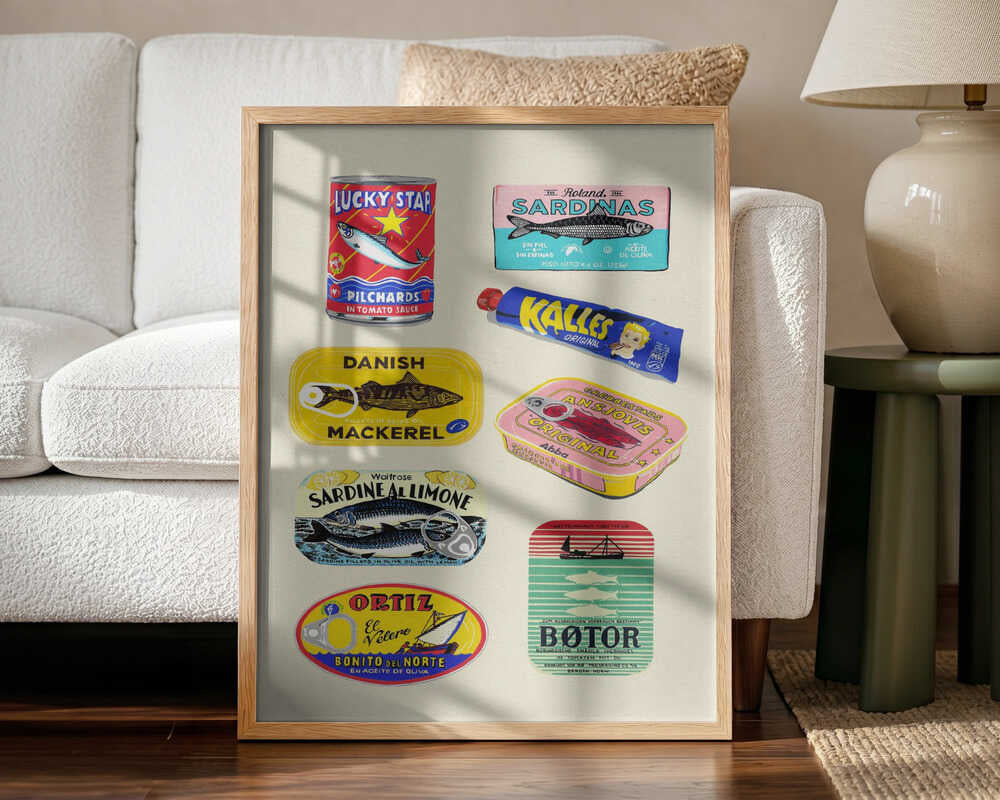 Vintage Seafood Cans Art Print UK — Abstract Vibrant Wall Art — Kitchen — Wall It All Prints