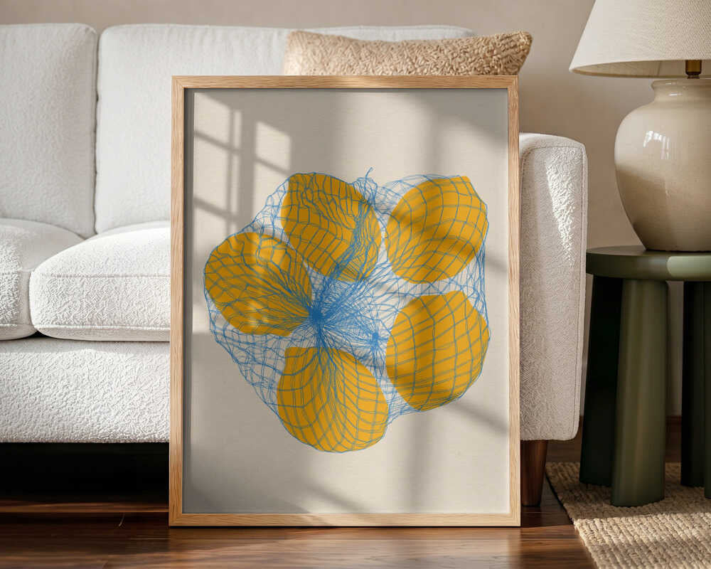 Five Lemons In a Net Bag Art Print UK — Food Vibrant Wall Art — Kitchen — Wall It All Prints