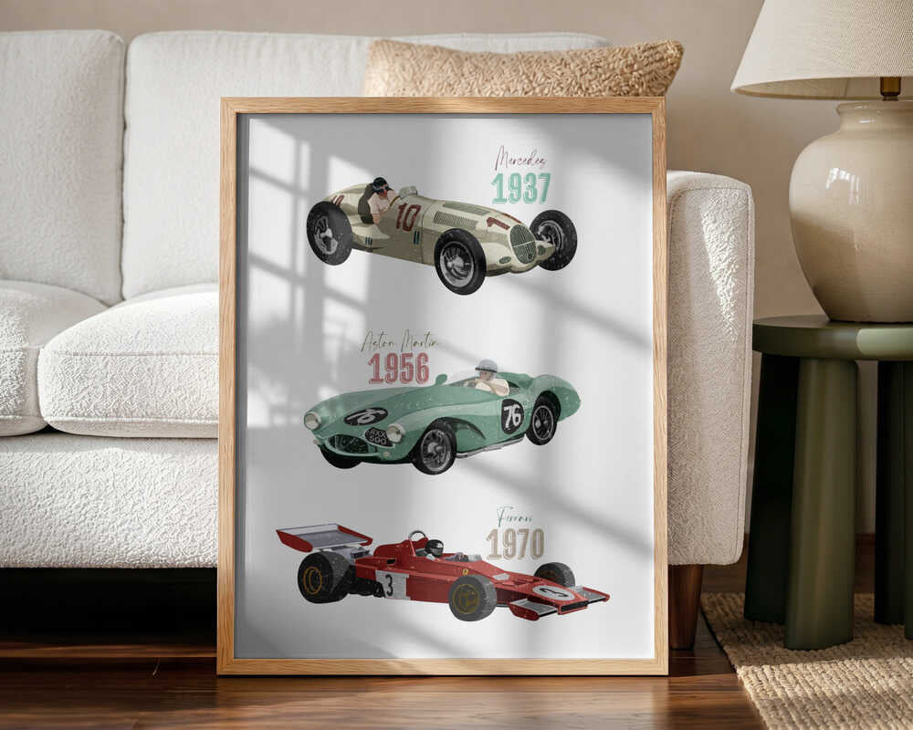 Vintage Racecars Art Print UK — Abstract Vibrant Wall Art — Nursery — Wall It All Prints