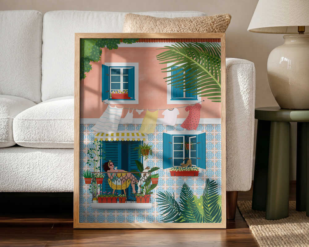 Relaxing Summer Balcony Art Print UK — Botanical Vibrant Wall Art — Bathroom — Wall It All Prints