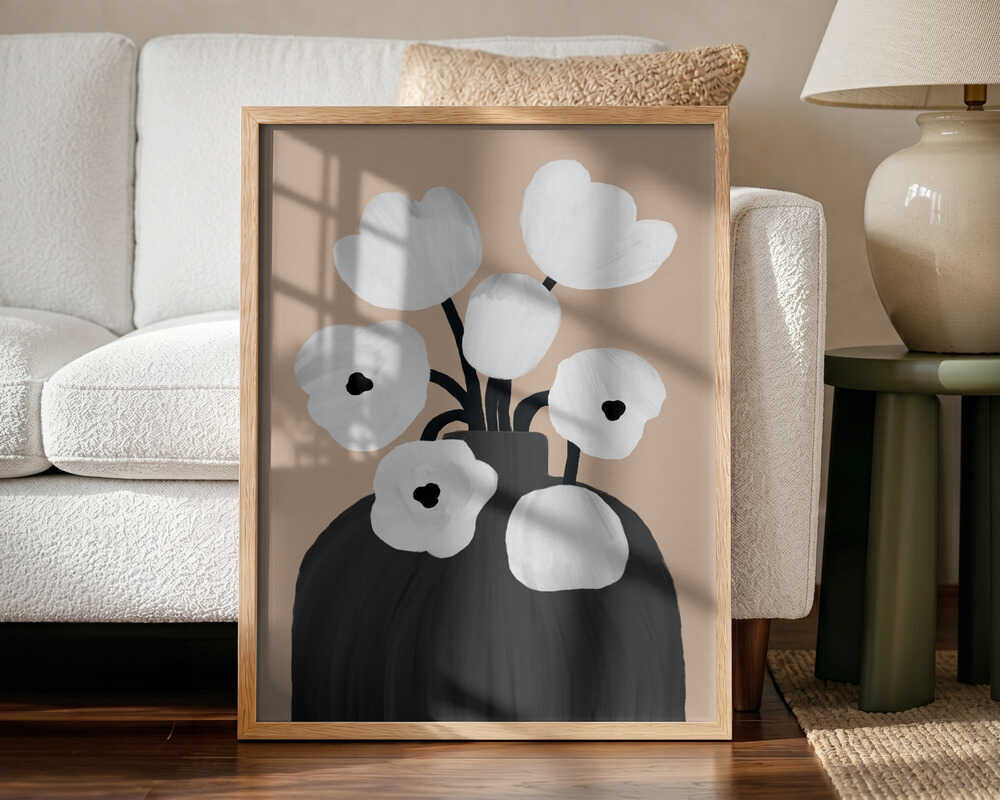 White Blooms Black Vase Art Print UK — Botanical Fresh Wall Art — Living Room — Wall It All Prints