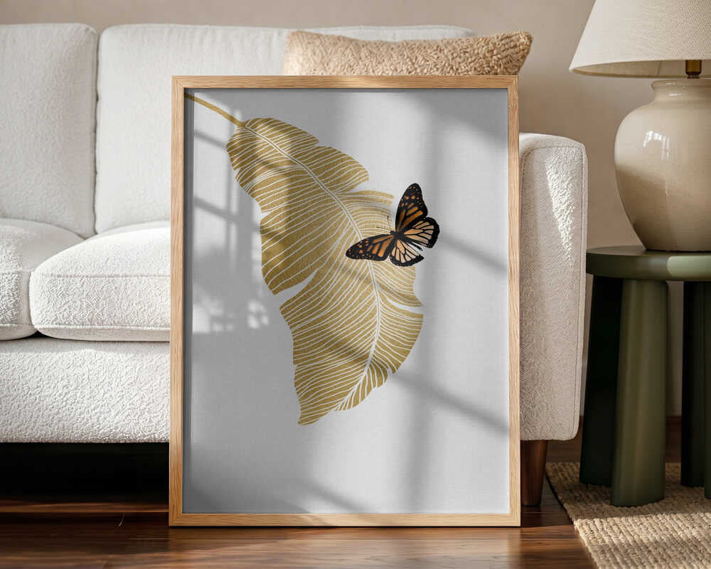 Golden Leaf Butterfly Art Print UK — Botanical Dark Wall Art — Office — Wall It All Prints