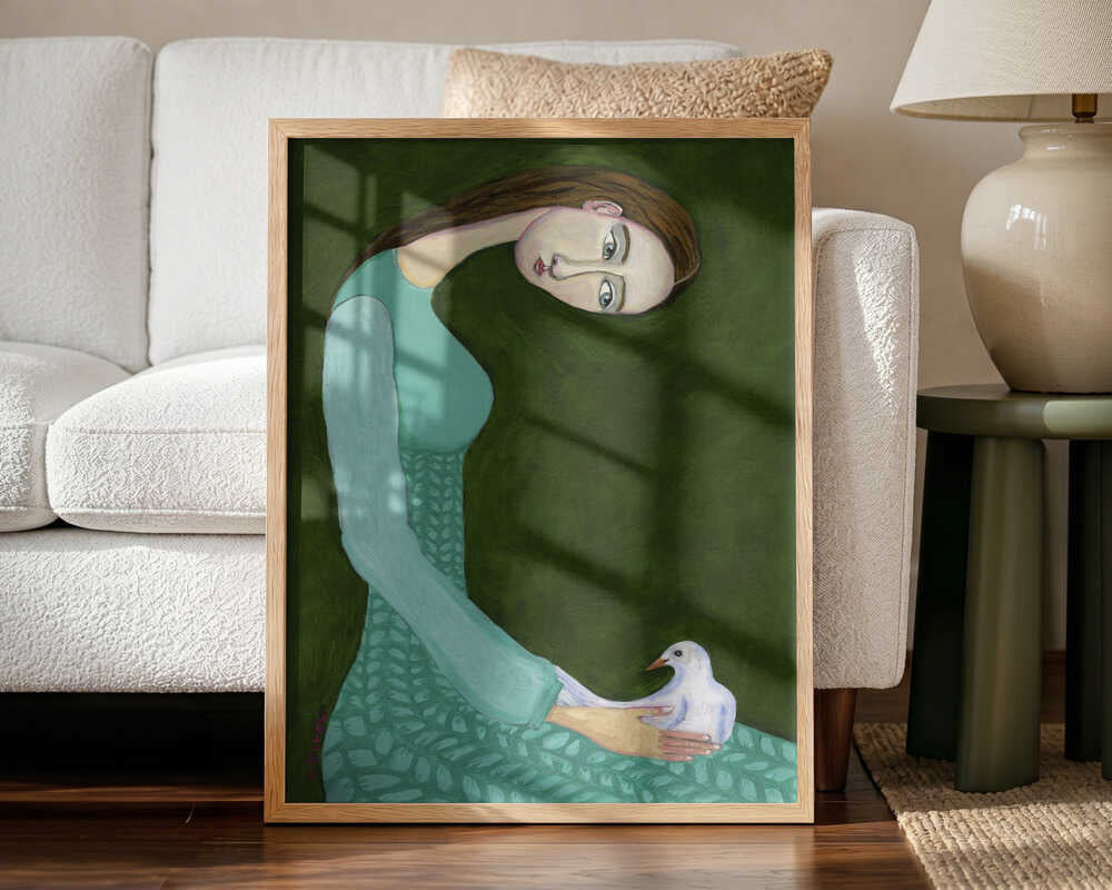 Serene Woman and Dove Art Print UK — Portrait Fresh Wall Art — Living Room — Wall It All Prints