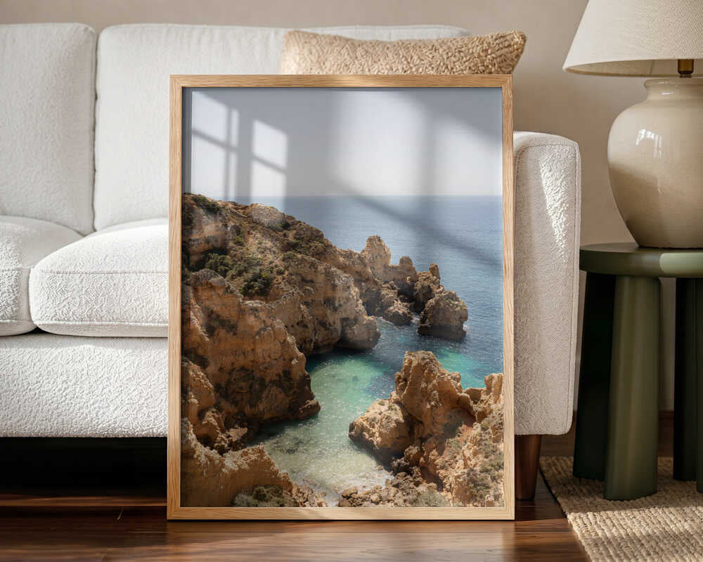 Golden Cliffs Azure Ocean Art Print UK — Landscape Vibrant Wall Art — Living Room — Wall It All Prints