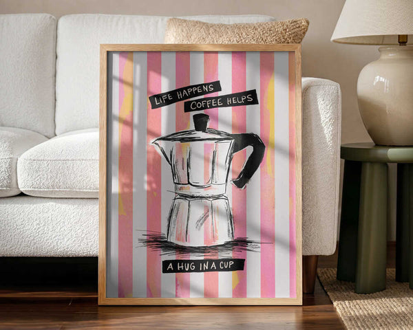 Life Happens Coffee Helps Art Print UK — Botanical Dark Wall Art — Kitchen — Wall It All Prints