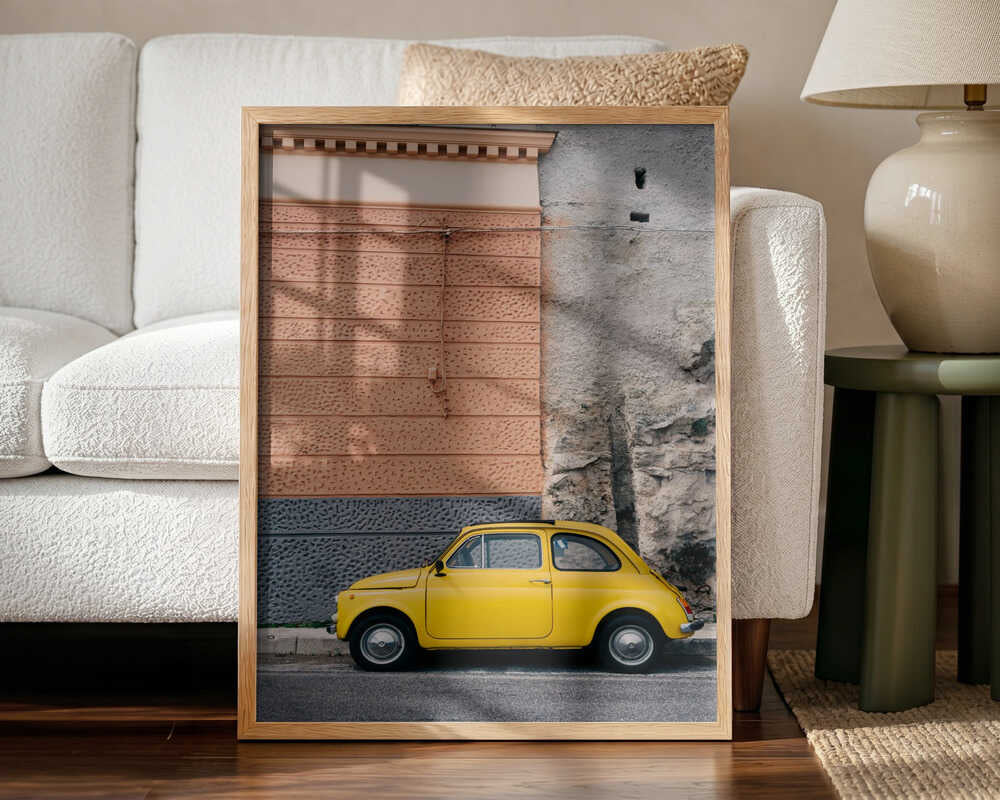 Yellow Vintage Street Car Art Print UK — Portrait Vibrant Wall Art — Living Room — Wall It All Prints