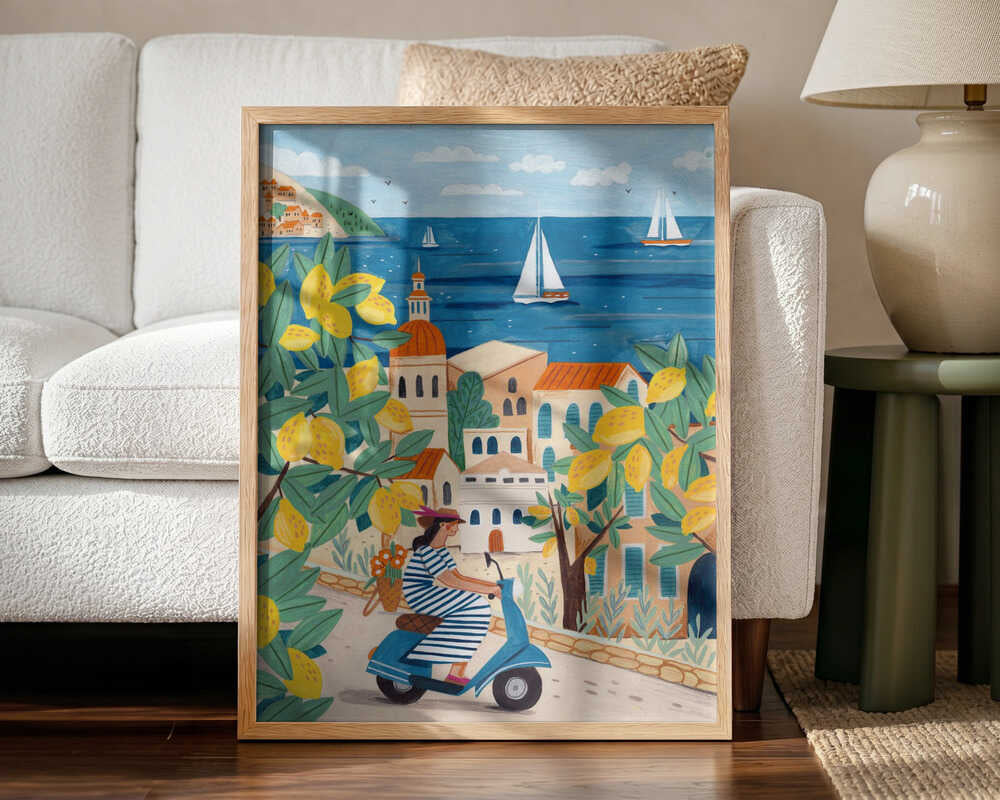 Travel poster woman on the Amalfi coast, Italy Art Print UK — Botanical Vibrant Wall Art — Kitchen — Wall It All Prints