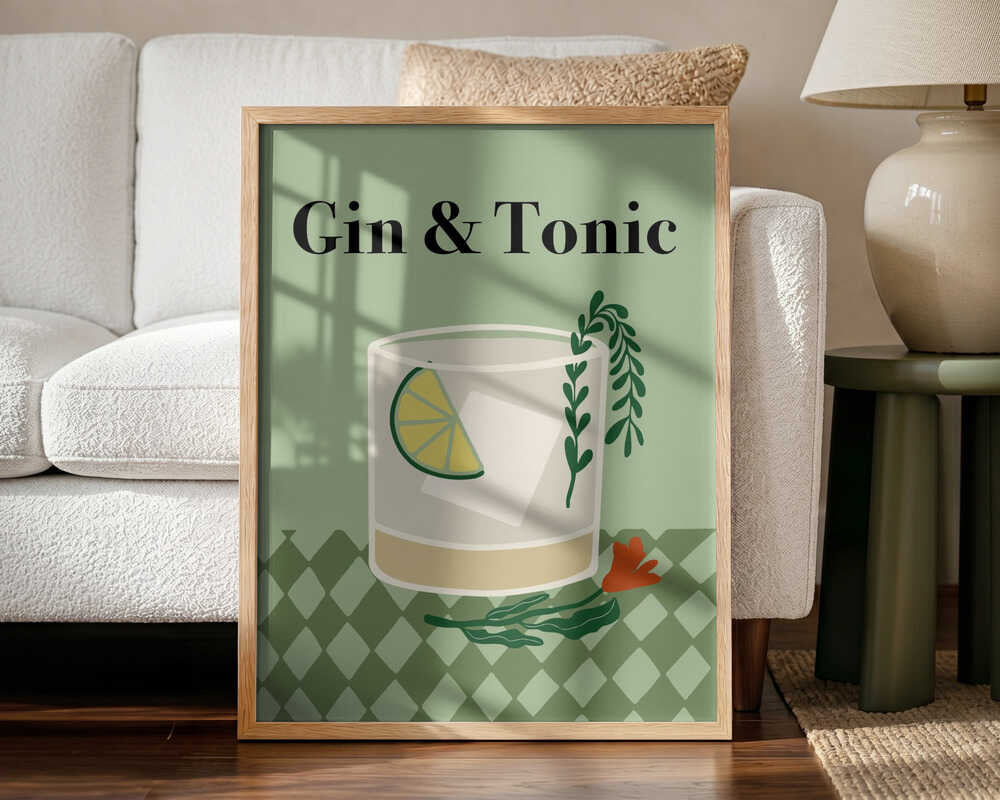 Gin and Tonic Cocktail Art Print UK — Botanical Minimal Wall Art — Kitchen — Wall It All Prints
