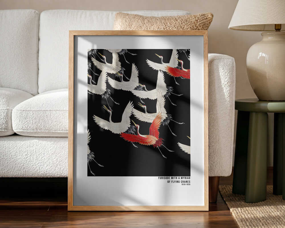 Furisode With a Myriad of Flying Cranes (1910–1920)   Japanese Art Print UK — Japanese Dark Wall Art — Living Room — Wall...
