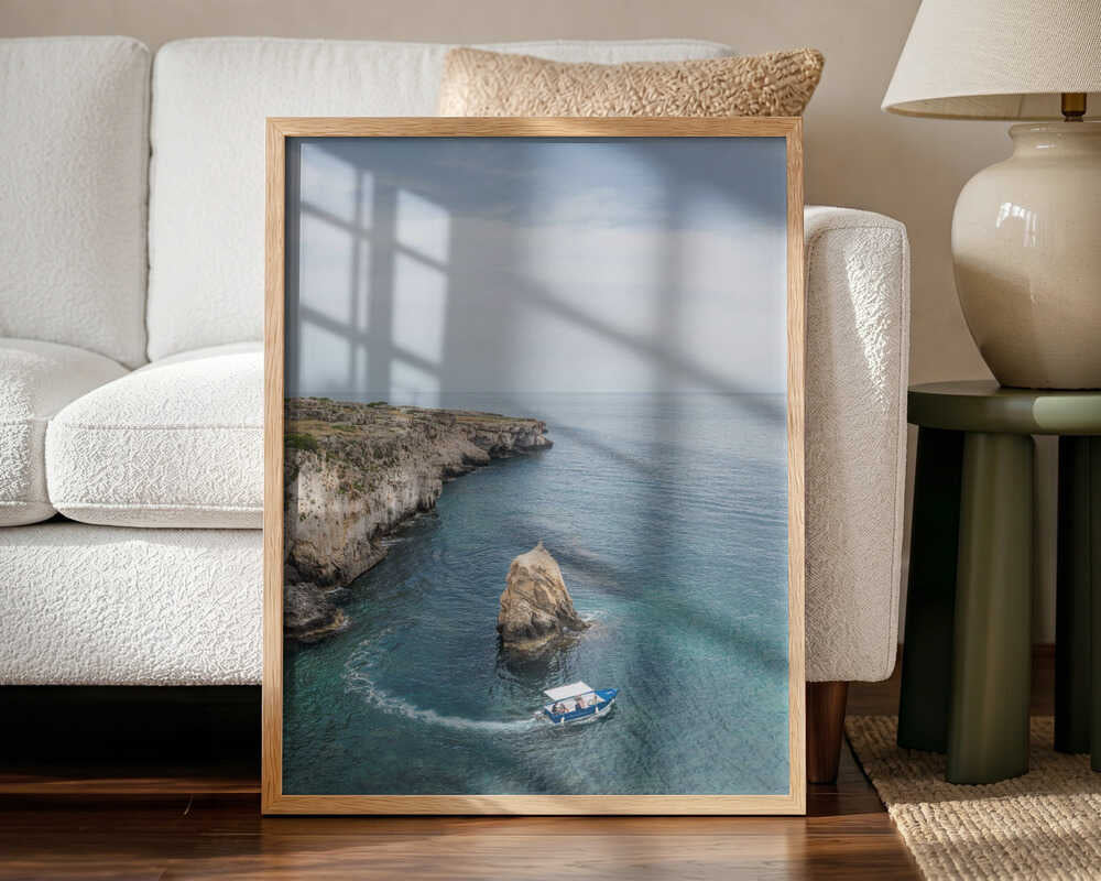 Turquoise Coastal Boat Trip Art Print UK — Landscape Calm Wall Art — Bedroom — Wall It All Prints