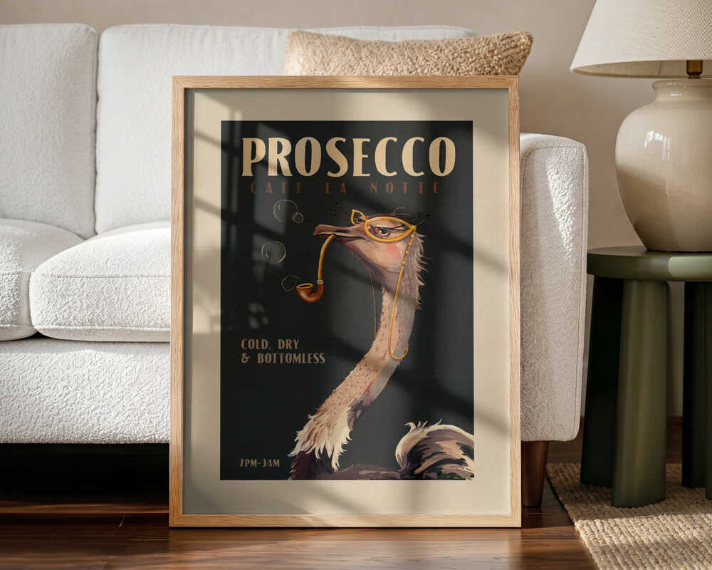 Art Deco Prosecco Wall Art Of An Ostrich Art Print UK — Dark Moody Dark Wall Art — Living Room — Wall It All Prints