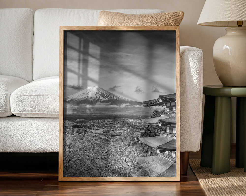 Iconic Fuji Pagoda Blossoms Art Print UK — Japanese Dark Wall Art — Living Room — Wall It All Prints