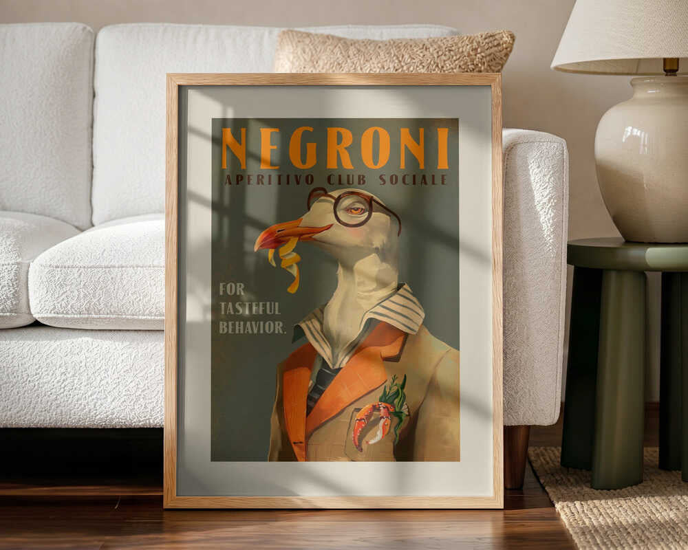 Vintage Art Deco Negroni Poster Of A Fancy Seagull Art Print UK — Vintage Elegant Wall Art — Living Room — Wall It All Prints