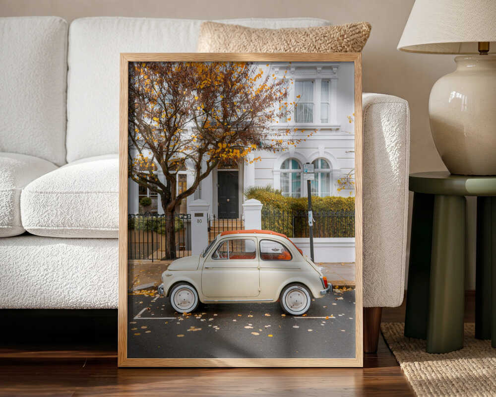 Classic Car Autumn Street Art Print UK — Vintage Vibrant Wall Art — Living Room — Wall It All Prints