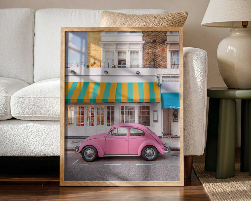 Vintage Pink Beetle Street Art Print UK — Vintage Vibrant Wall Art — Living Room — Wall It All Prints
