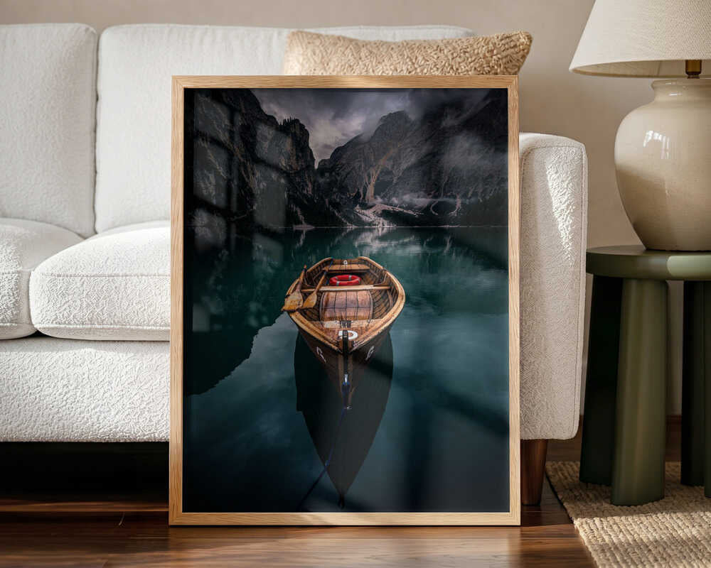 Moody Lake Rowboat Art Print UK — Dark Moody Calm Wall Art — Bedroom — Wall It All Prints