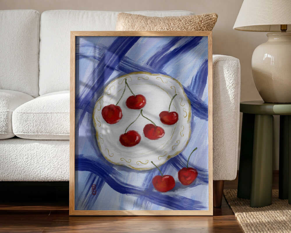 Red Cherries Blue Table Art Print UK — Food Vibrant Wall Art — Kitchen — Wall It All Prints
