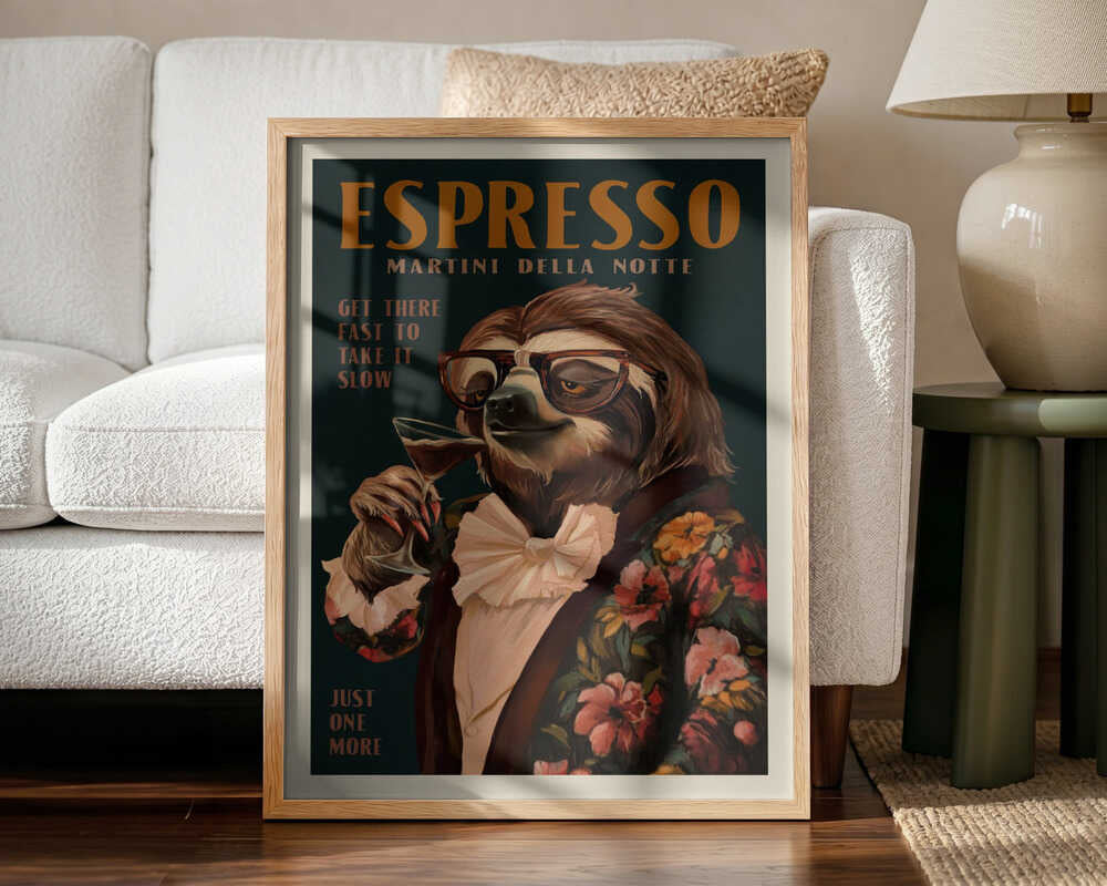 Art Deco Espresso Martini Drinking Sloth Art Print UK — Botanical Elegant Wall Art — Living Room — Wall It All Prints