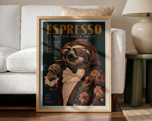 Art Deco Espresso Martini Drinking Sloth Art Print UK — Botanical Calm Wall Art — Living Room — Wall It All Prints