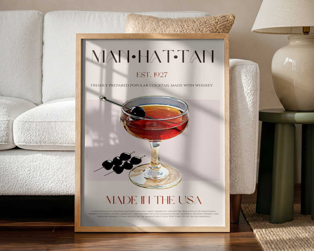 Vintage Manhattan Cocktail Art Print UK — Dark Moody Dark Wall Art — Living Room — Wall It All Prints