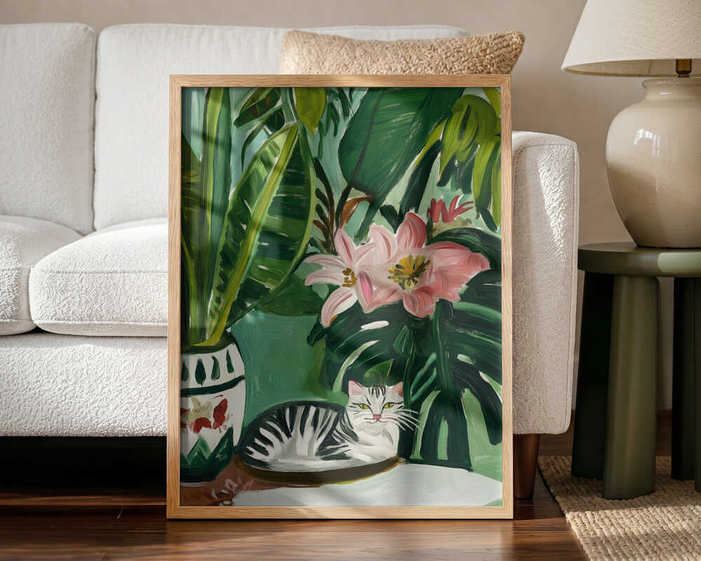 Tropical Cat and Flowers Art Print UK — Botanical Vibrant Wall Art — Bedroom — Wall It All Prints
