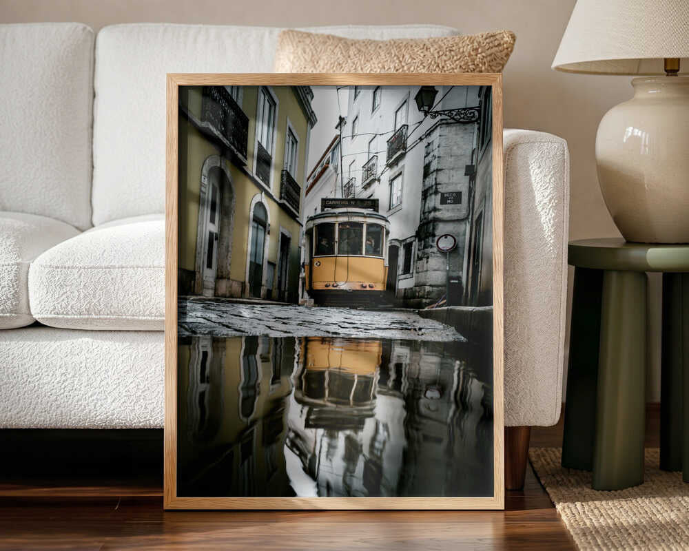Yellow Tram Reflection Art Print UK — Vintage Vibrant Wall Art — Living Room — Wall It All Prints