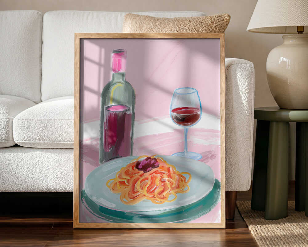 Spaghetti and Red Wine Art Print UK — Food Vibrant Wall Art — Kitchen — Wall It All Prints