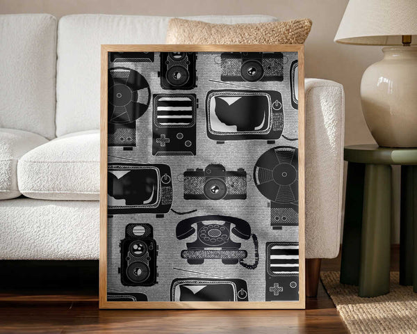 Retro Tech Cats Art Print UK — Vintage Dark Wall Art — Living Room — Wall It All Prints