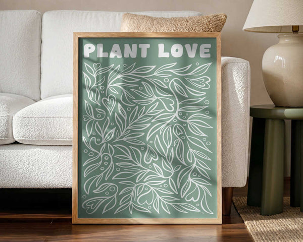 Sage green leaves forming heart shapes, botanical wall art print for office or bedroom.
