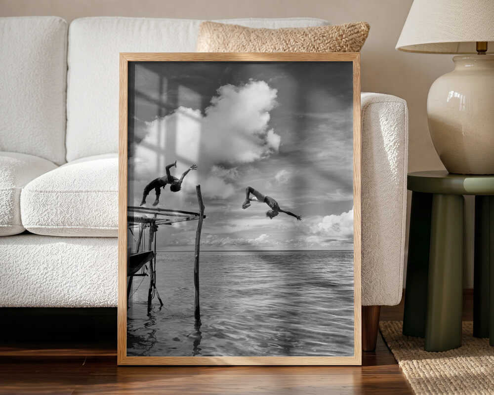 Kids Leaping into Ocean Art Print UK — Landscape Dark Wall Art — Nursery — Wall It All Prints