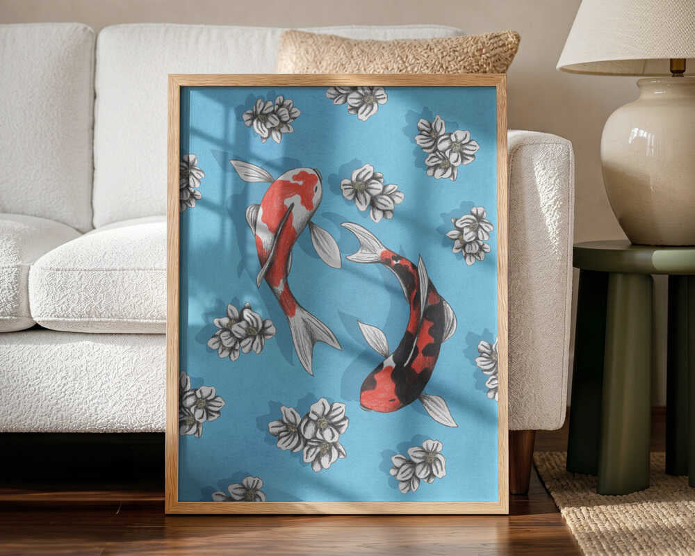 Two Koi Pond Flowers Art Print UK — Japanese Calm Wall Art — Bedroom — Wall It All Prints