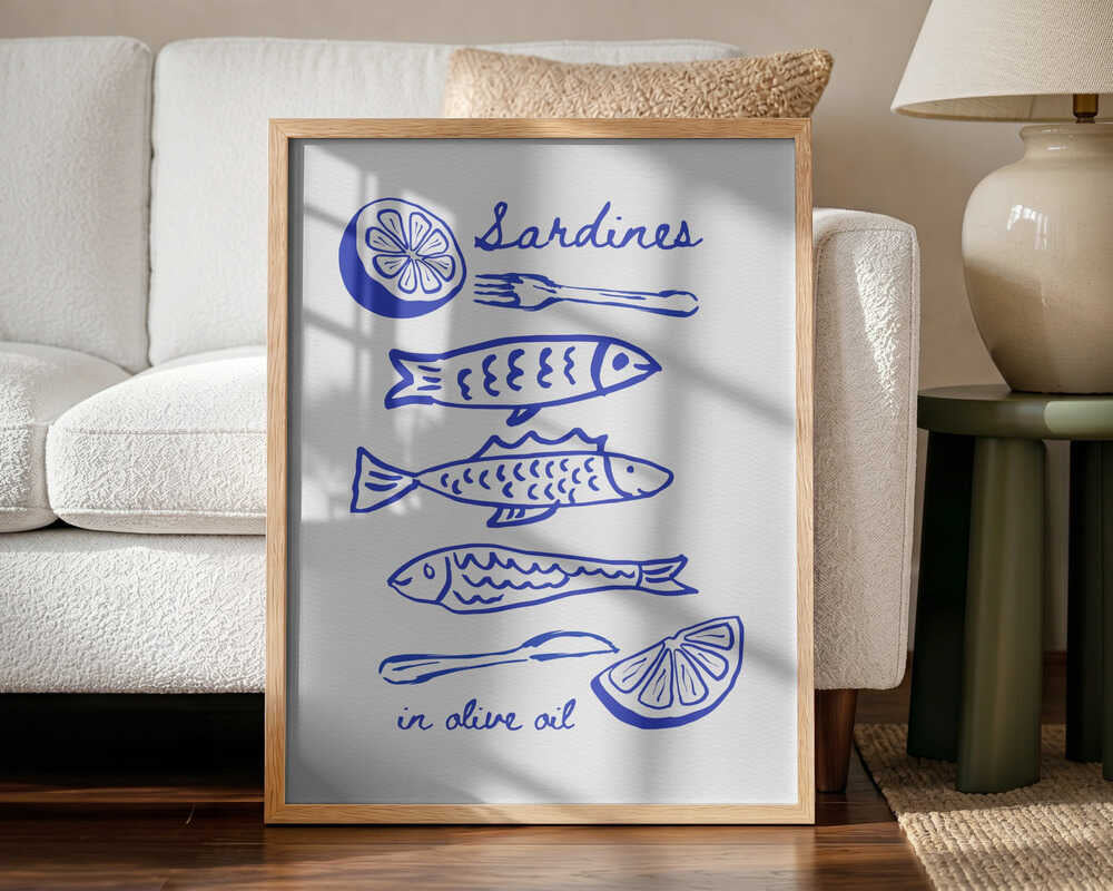 Illustrated Sardines and Lemon Art Print UK — Abstract Minimal Wall Art — Kitchen — Wall It All Prints