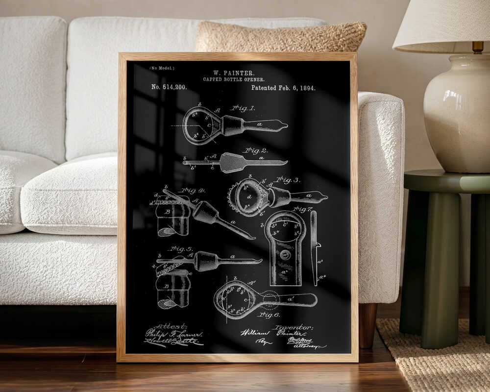 Vintage Bottle Opener Patent Art Print UK — Vintage Dark Wall Art — Kitchen — Wall It All Prints