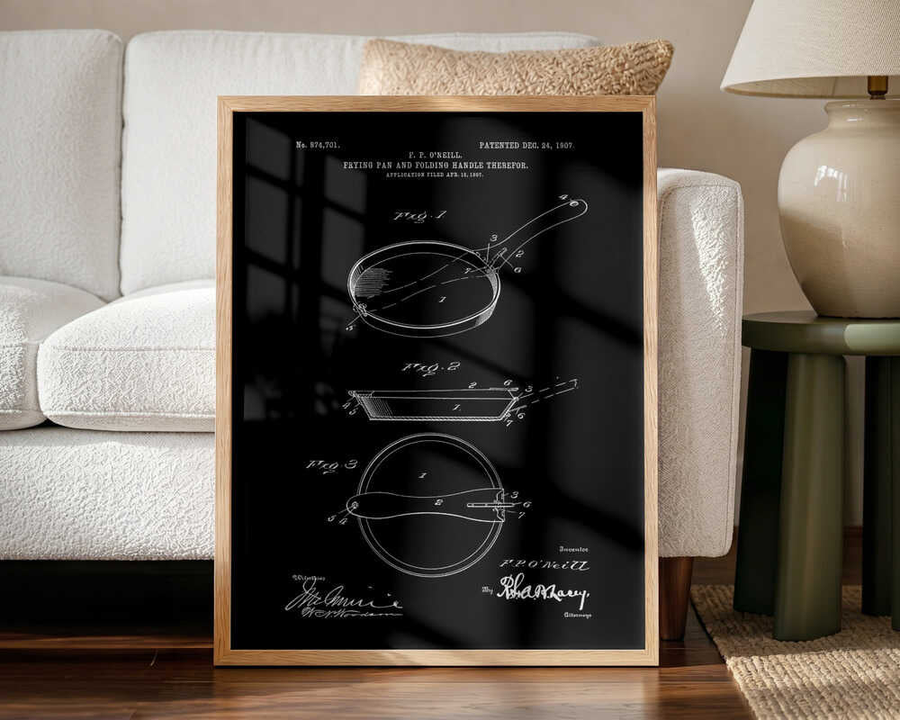 Vintage Frying Pan Patent Art Print UK — Vintage Vibrant Wall Art — Kitchen — Wall It All Prints