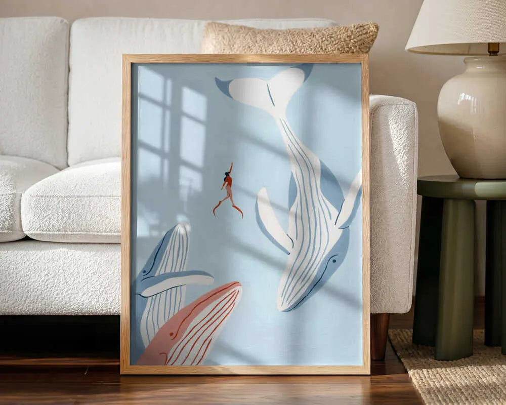 Woman And Whales Swim