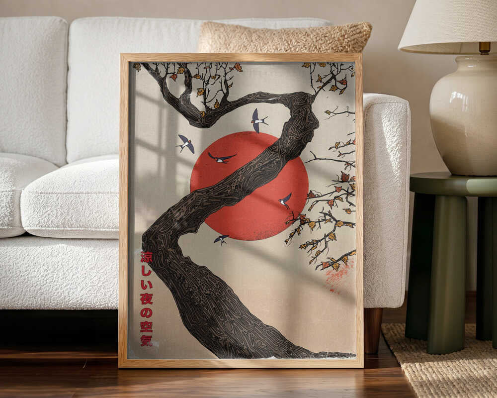 Red Sun Tree Swallows Art Print UK — Japanese Calm Wall Art — Office — Wall It All Prints