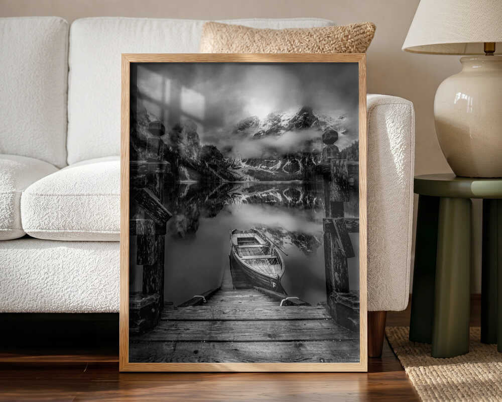 Misty Mountain Lake Boat Art Print UK — Dark Moody Calm Wall Art — Bedroom — Wall It All Prints