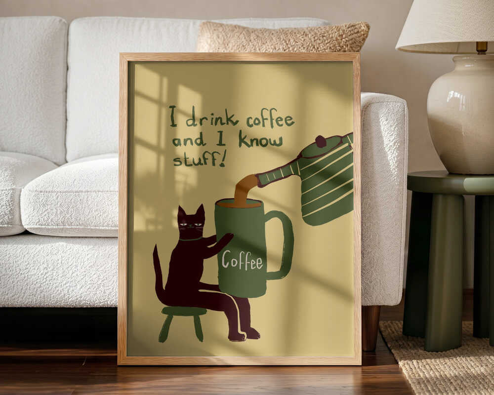 Coffee Cat Knows Stuff Art Print UK — Animal Dark Wall Art — Kitchen — Wall It All Prints