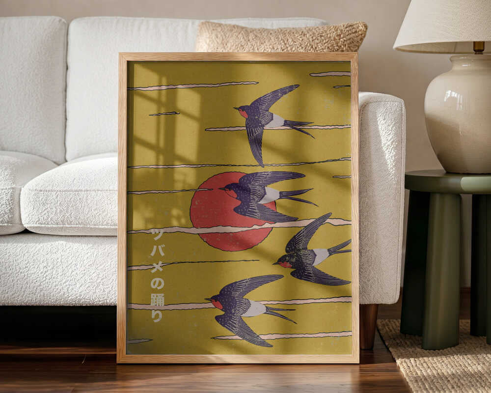 Flying Swallows and Sun Art Print UK — Japanese Vibrant Wall Art — Living Room — Wall It All Prints