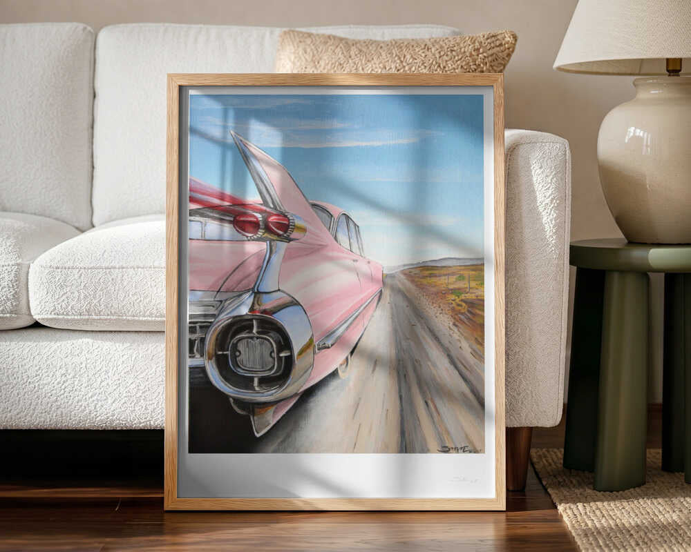 Pink Car Open Road Art Print UK — Vintage Vibrant Wall Art — Living Room — Wall It All Prints